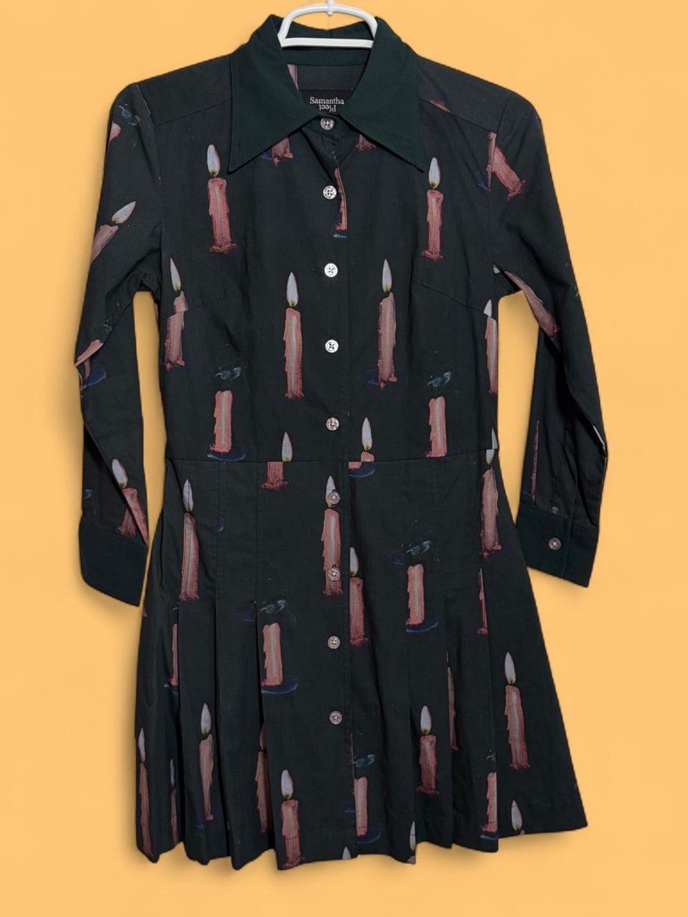 Samantha Pleet Black Candle-Print Long-Sleeve Button Dress